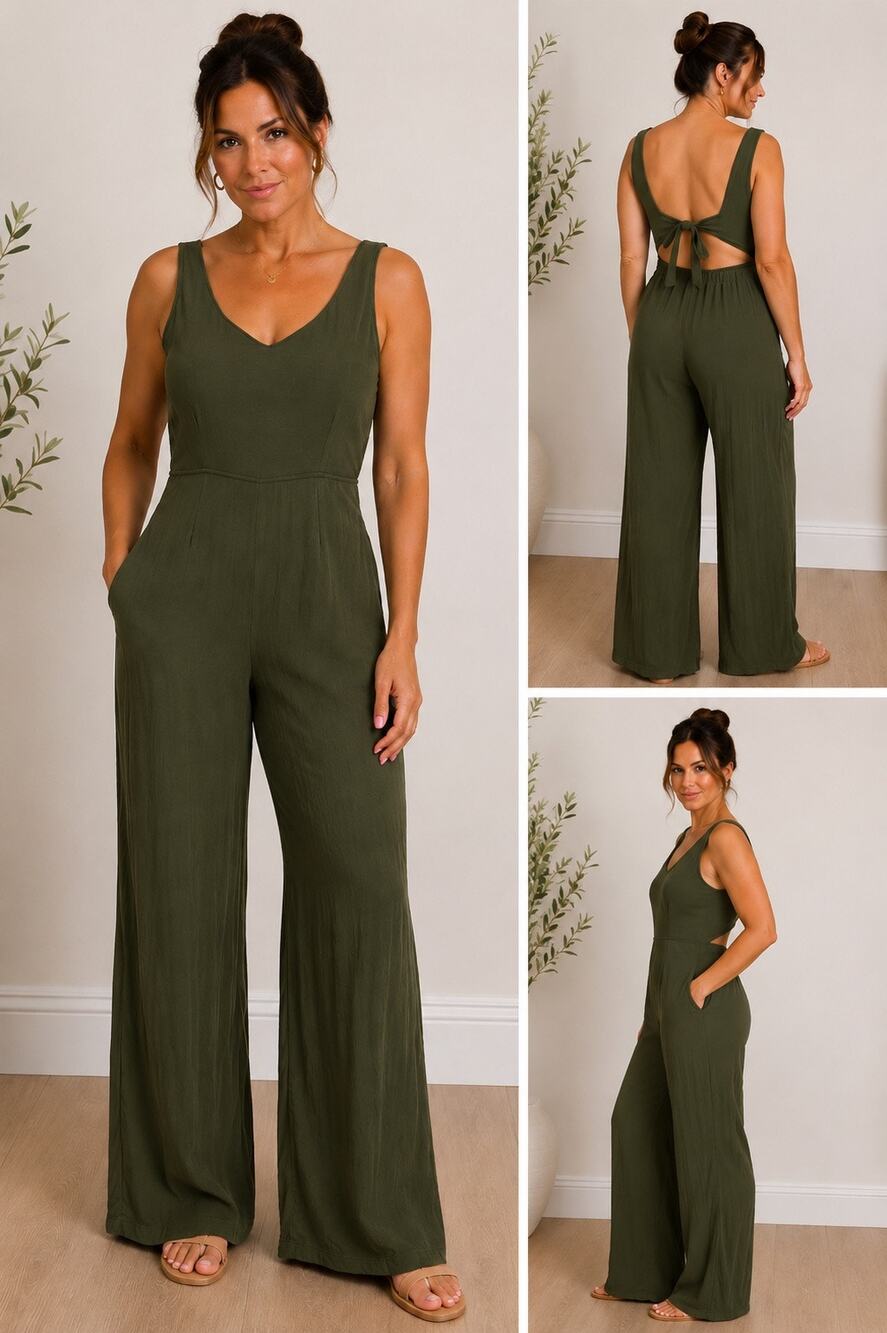 Audrey Parks Francesca’s XS Dark Olive Green Open Back Wide Leg Jumpsuit